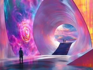 Travelers Observing Cosmic Chrono synclastic Infundibulum Portal at Surreal Alien Architecture