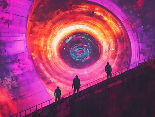Travelers Peering Into Swirling Cosmic Energies of Surreal Chrono synclastic Portal
