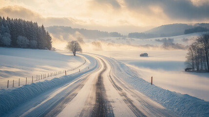 Snow-covered winding road in winter sunlight