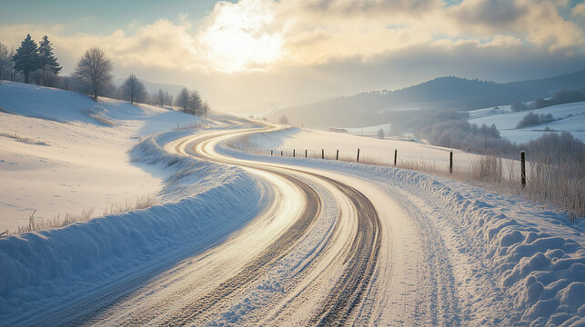 Snow-covered winding road in winter sunlight