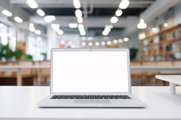 Laptop on white table furniture computer office.