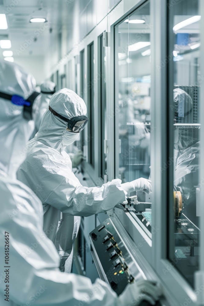 Poster workers in protective suits meticulously assemble microchips in a highly controlled cleanroom. advan