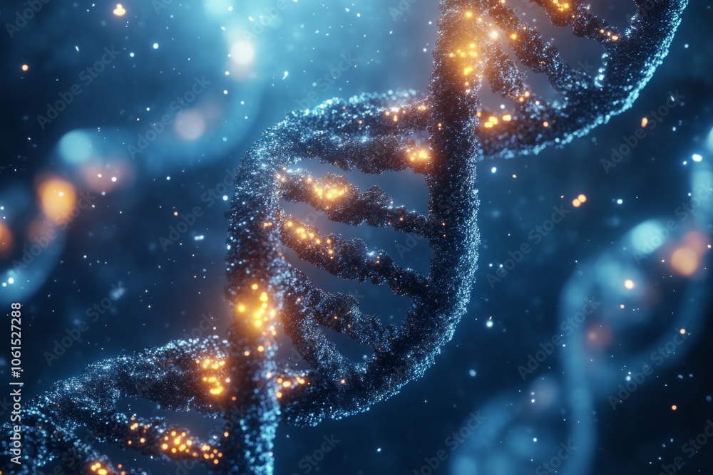 Aufkleber dna double helix rotating in a microscopic environment with glowing particles