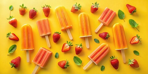 Vibrant Orange and Strawberry Popsicle Patterns on Pastel Yellow Background for Summer Refreshment and Fun