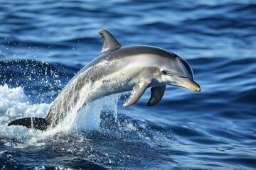 Naklejka premium Dolphin jumping out of the water on a sunny day