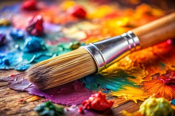 Fototapeta premium Vibrant Paintbrush with Synthetic Bristles on a Colorful Palette, Perfect for Artists and DIY Enthusiasts, Showcasing Versatility, Texture, and Precision in Creative Projects