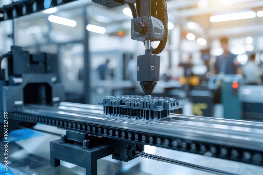 Poster close-up of industrial 3d printers creating plastic components in a modern factory. engineers in the