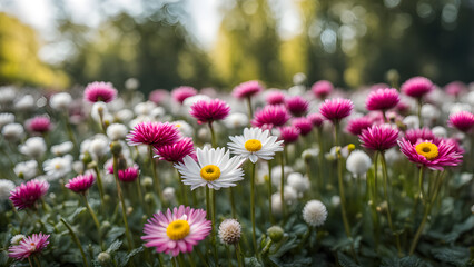 Obraz premium A field of pink and white flowers with a few yellow flowers