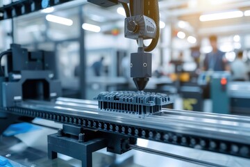 Close-up of industrial 3d printers creating plastic components in a modern factory. engineers in the background monitor the precision manufacturing process