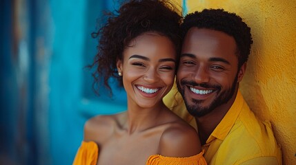 Happy Interracial Couple Smiling Together Against Colorful Wall