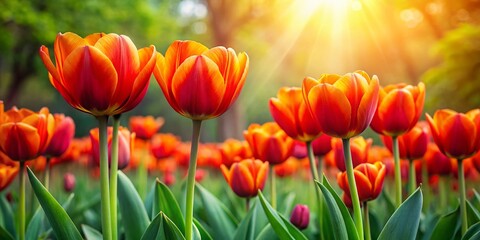 Vibrant Red and Orange Tulips in a Lush Green Garden - High Depth of Field Photography for Nature Lovers and Flower Enthusiasts