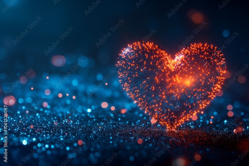 Poster Glowing heart hovering over sparkling blue surface symbolizing love and affection. Copy space for text