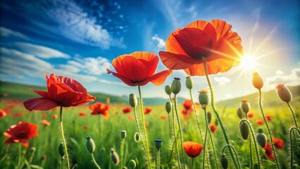 Fototapeta premium Vibrant Red Poppies in a Sunny June Field - Minimalist Nature Photography, Floral Art, Summer Blooms, Scenic Landscape, Outdoor Beauty, Colorful Flowers, Tranquil Moments, Nature Lover's Delight