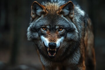Fototapeta premium Eurasian wolf showing teeth and growling in forest
