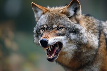 Obraz premium Eurasian wolf showing teeth and snarling in wilderness closeup