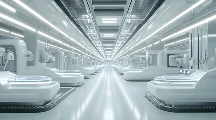 Obraz premium Futuristic Empathy Amplification Device Manufacturing Facility with Sleek Minimalist Interior