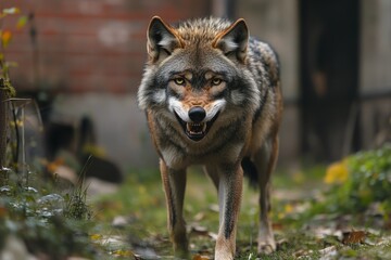 Fototapeta premium Iberian wolf showing teeth and walking towards observer