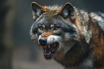 Fototapeta premium Eurasian wolf showing teeth and snarling in wilderness closeup