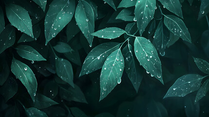 Obraz premium A set of dark green leaves with droplets that glisten like poison under moonlight.