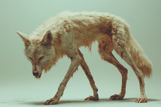 Mangy wolf prowling with blood on its snout