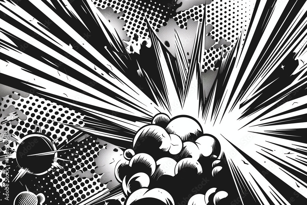 Poster illustration of a powerful comics like page layout background with halftone dots and dynamic action 