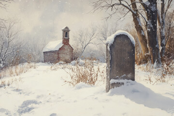 Snow falling on a tombstone and an old chapel in winter