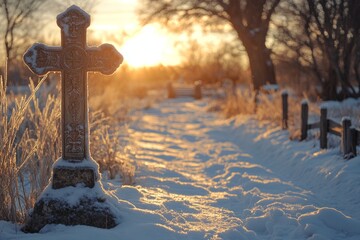 Stone cross standing in snowy field at sunset in winter