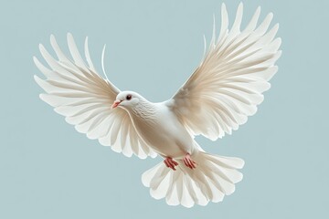 Fototapeta premium White dove flying with open wings symbolizing peace and hope