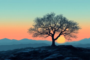 Obraz premium Lonely tree silhouette dominating a hill at sunset with orange and blue sky