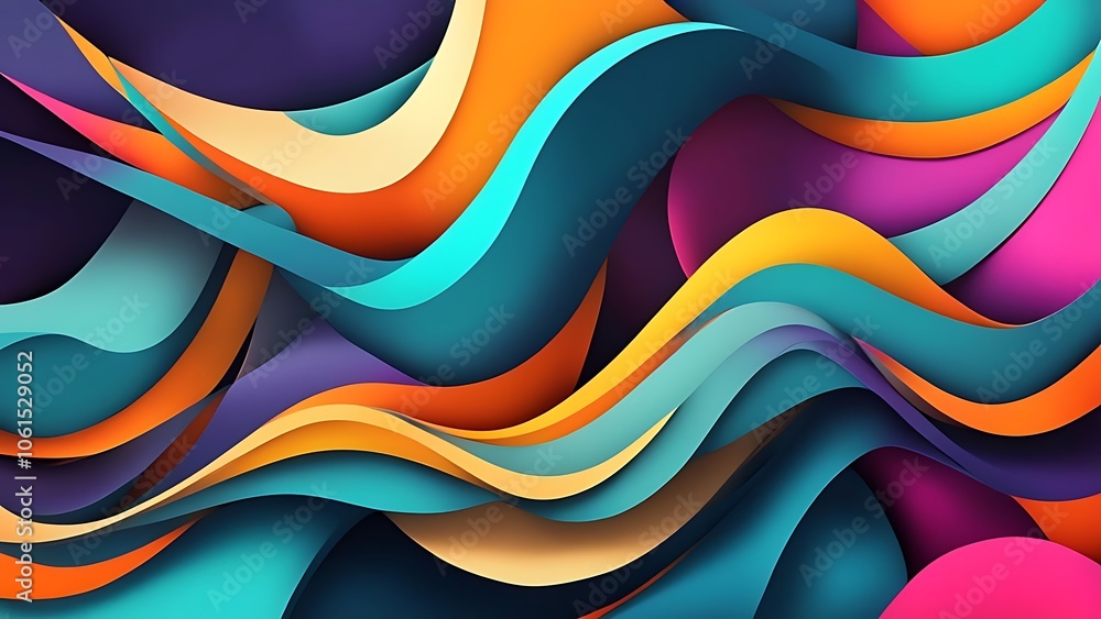 Poster dynamic abstract shapes, overlapping layers, vibrant colors, 2d and 3d merge, modern abstract design
