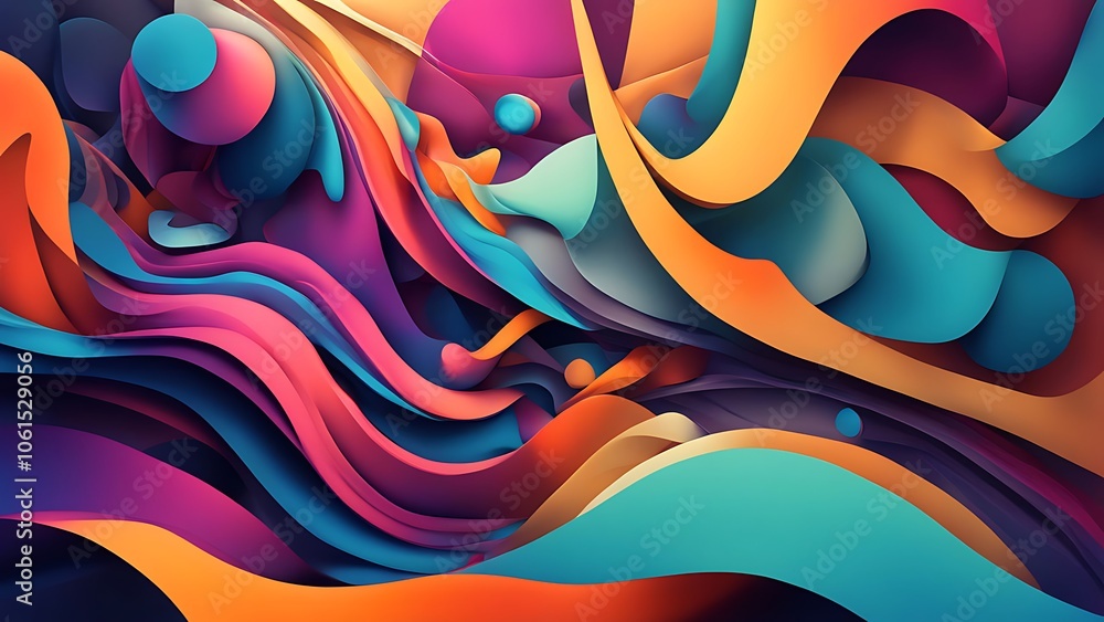Poster dynamic abstract shapes, overlapping layers, vibrant colors, 2d and 3d merge, modern abstract design