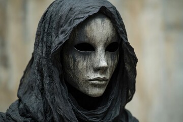 Mysterious figure wearing disturbing mask and dark hood