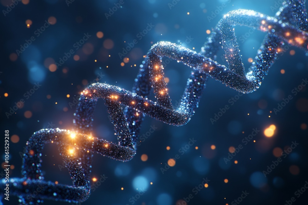 Aufkleber dna double helix rotating in a microscopic environment with glowing particles
