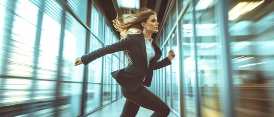 A businesswoman in a suit runs swiftly through a modern office space, exemplifying ambition and the pursuit of success during a busy workday