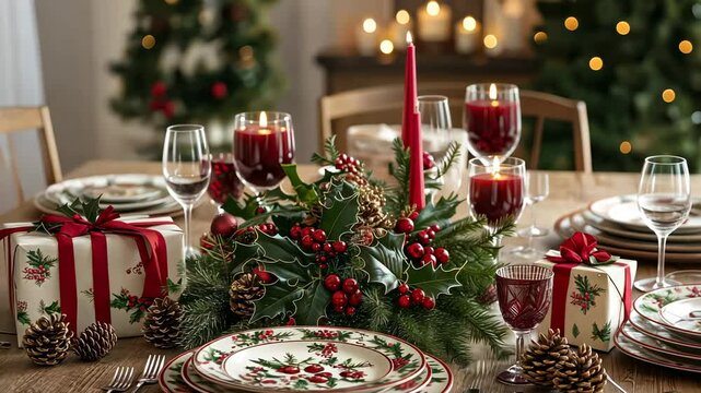 A beautifully set holiday dining table adorned with festive decor and seasonal elements.