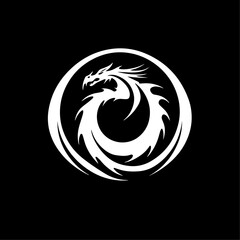 Stylized Black Dragon in Circle logo or icon on White Background