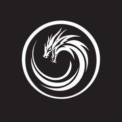 Stylized Black Dragon in Circle logo or icon on White Background