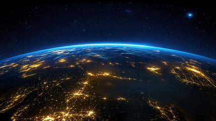 Obraz premium Beautiful blue planet Earth with glowing lights and stars seen from space, wide angle