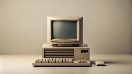 Vintage Computer System Illustration with Monitor - Minimalist Retro Aesthetic, Nostalgic Tech Design, Classic Hardware, Digital Era, Old-School Computing, Artistic Simplicity