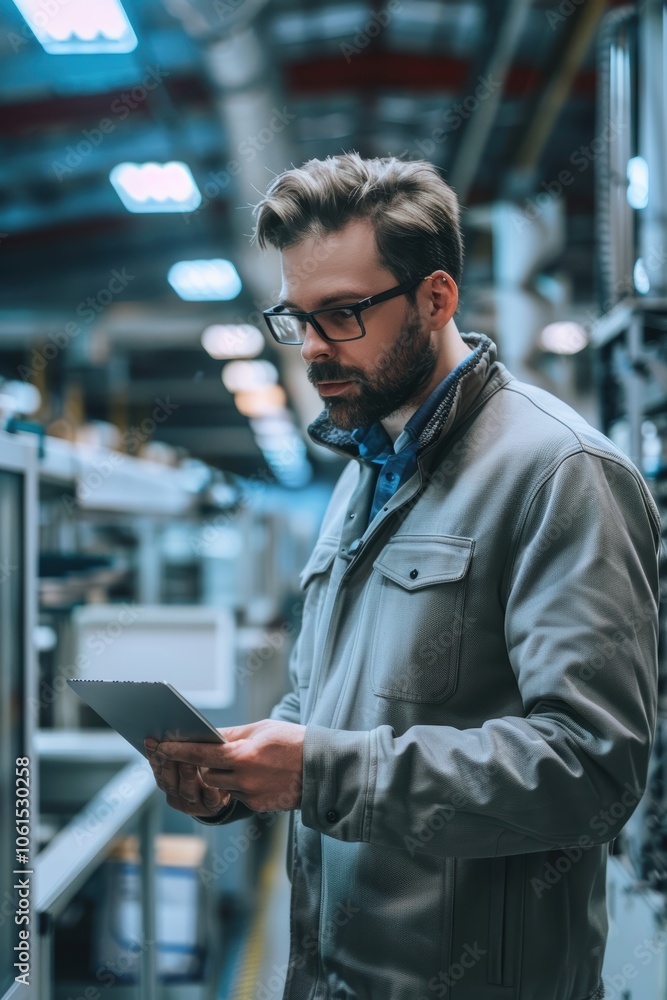 Aufkleber a male mechanical engineer in his 30s stands confidently in a modern, bright factory. he holds a tab