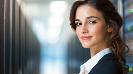 A confident woman in business attire stands in a modern office environment, showcasing professionalism and comfort while working amid server racks.