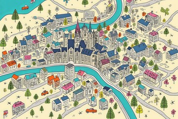 Fototapeta premium Illustrated Map of Charming City Life: Nestled Along the Serene Rivers, Dotted with Lush Trees, Homes, and Quaint Neighborhoods, Evoking Warmth and Community