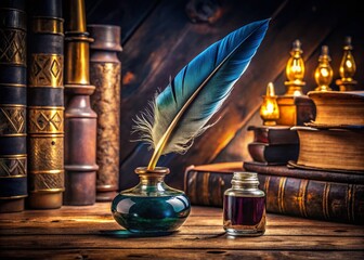 Vintage Quill and Ink Set on Dark Desk - Classic Writing Tools, Antique Stationery, Elegant Home Office Decor, Rustic Aesthetic, Writer's Inspiration, Timeless Literature Accessories