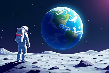 Naklejka premium Astronaut gazes at Earth from lunar surface, evoking wonder and loneliness amidst cosmic vastness.
