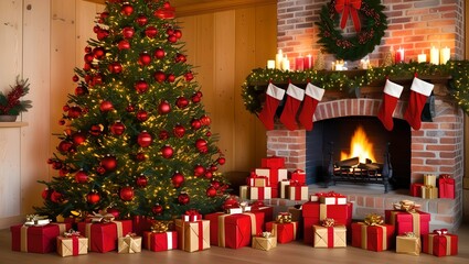 A traditional Christmas scene with a decorated tree and holiday stockings - AI Generative