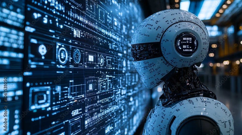 Poster Artificial intelligence interface analyzing genetic data in a laboratory, showcasing how AI contributes to biotechnology with empty space for text