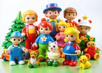 Fototapeta premium Vintage Style Children's Developmental Training Toys Featuring Colorful Plastic Characters on White Background for Engaging Playtime Learning Experiences