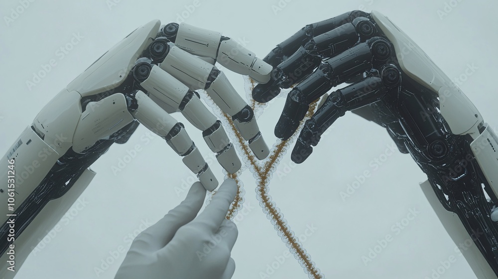 Aufkleber Conceptual image of molecular robotics in biotech, with robotic arms handling genetic material in a sterile lab environment with empty space for text
