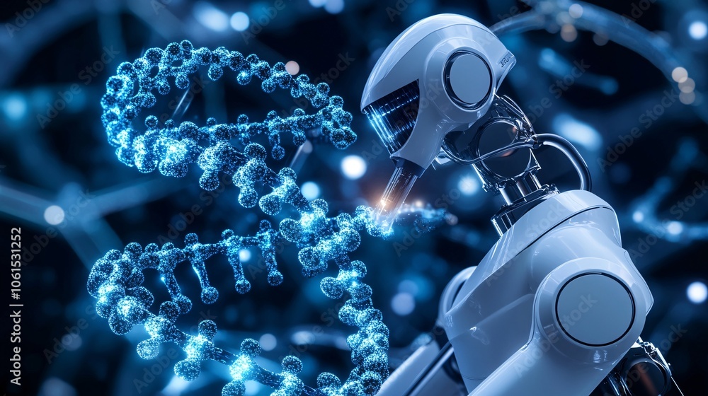 Fototapete Conceptual image of molecular robotics in biotech, with robotic arms handling genetic material in a sterile lab environment with empty space for text