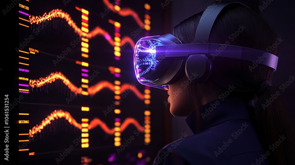 Poster Virtual reality interface showing detailed cellular structures and DNA, highlighting immersive technology in biological research with empty space for text